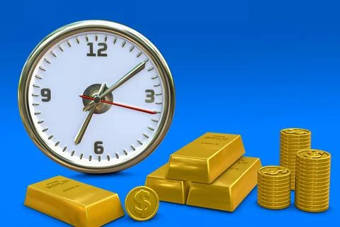 White and silver 3d wall clock on a blue background Stock Illustration