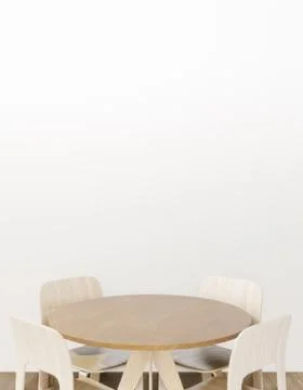White and tiled dining room interior with a wooden floor, table with chairs. Illustrazione stock