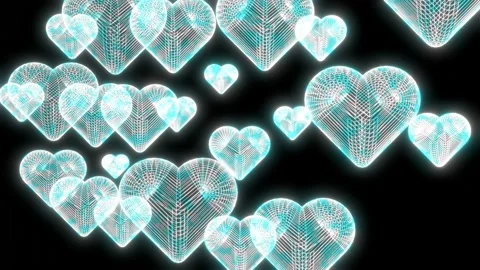 White And Turquoise Falling Neon Hearts 4K Stock Footage 221166178