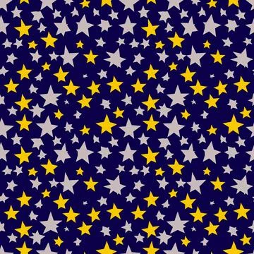White and yellow five-pointed stars on a blue background. Seamless illustrati Stock Illustration