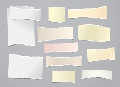 White and yellow torn note, notebook paper stripes are on grey background for Stock Illustration
