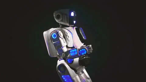 A white android dances in different direction, using its arms. 4K. Stock Footage 88435170