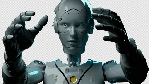 White android looks into the camera with outstretched arms Animation on the t Stock Footage 228951616