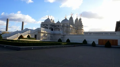 White angle view over Neasden Temple called BAPS Shri Swaminarayan Mandir in Stock Footage 121543427