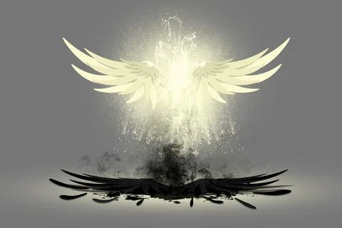 White angle wings glowing in air above defeated black demon wings 스톡 일러스트