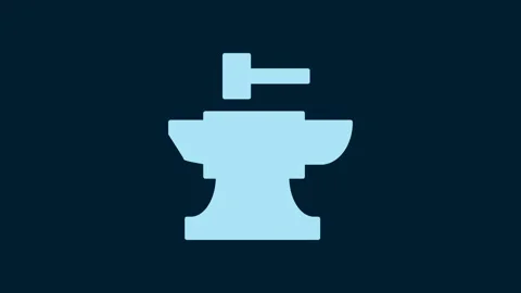 White Anvil for blacksmithing and hammer icon isolated on blue background. Metal Stock Footage 230049059