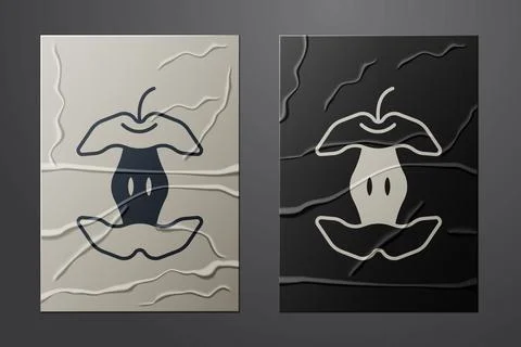 White Apple core icon isolated on crumpled paper background. Bitten apple symbol Stock Illustration