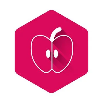 White Apple icon isolated with long shadow background. Fruit with leaf symb.. Stock Illustration