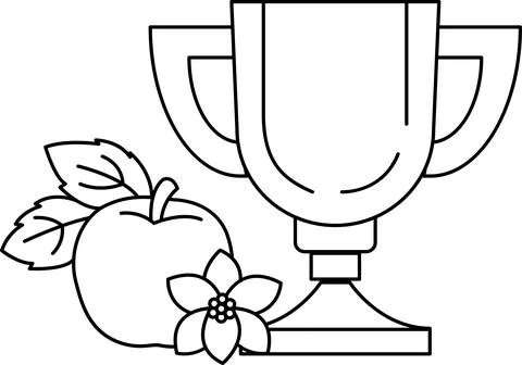 A white apple sits on a table next to a cup Illustrazione stock