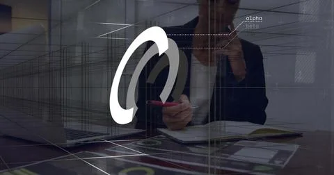 White arc appearing, office worker pausing, thinking, touching collar, resuming 스톡 사진