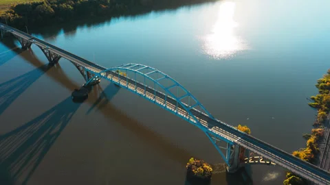 White Arch Bridge and Long Reflections Across Ozark River Stock Footage 344285536