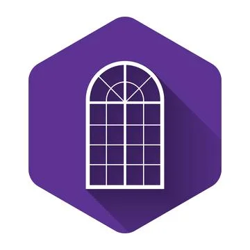 White Arched window icon isolated with long shadow. Purple hexagon button Stock Illustration