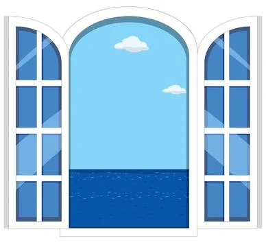 White Arched Window Opening to a Calm Blue Ocean View Stock Illustration