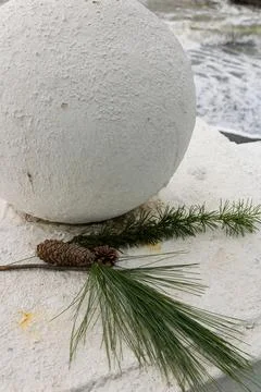 White architectural sphere and pine branches with cones on a seafront wall i Stock Photos