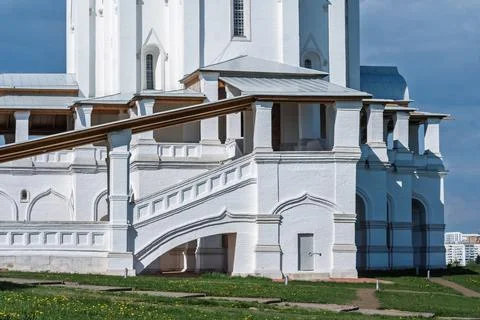 White architectural structure with curved staircase and decorative elements.. Stock Photos