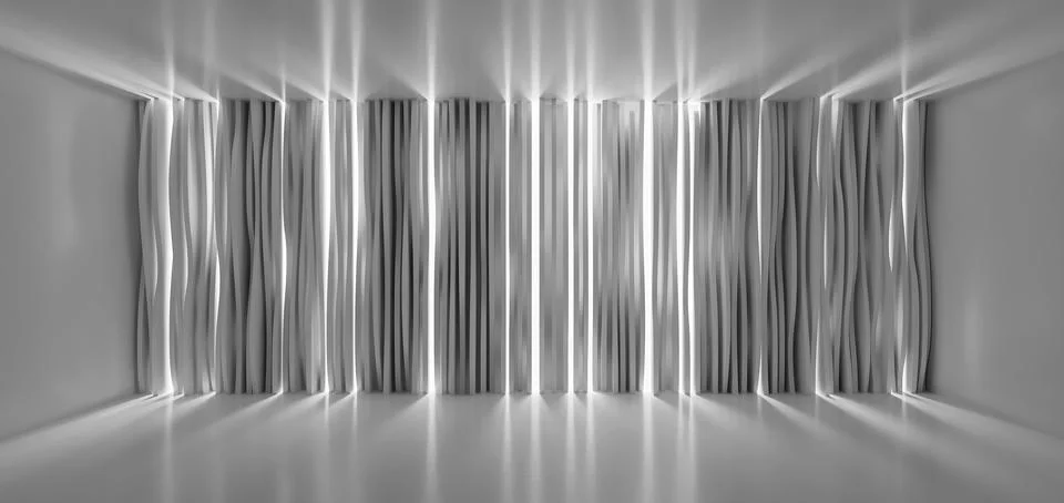 White Architecture vertical glowing waves 3D rendering. Stock Illustration
