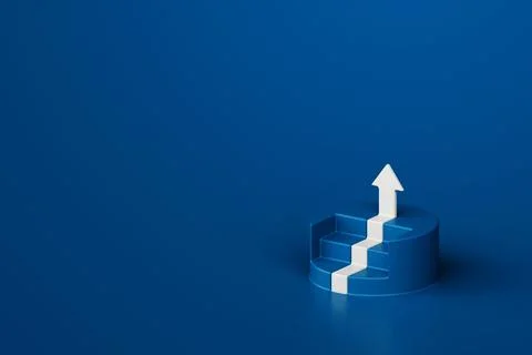 White arrow ascends from circular platform with steps, symbolizing growth, .. Stock Photos