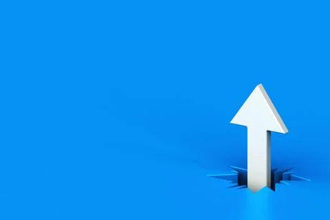 White arrow breaking through from blue floor, 3d white arrow out of broken Stock Illustration
