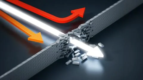 White arrow breaking the wall and passing to the other side. 3D illustration Stock Illustration