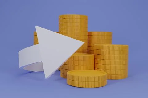 White arrow with coins stack,digital wallet.Shopping mobile app, gold arrows  Stock Illustration