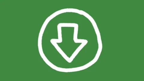 White arrow down circle cartoon graphic with chalk outline downward arrow icon Stock Footage 336295392
