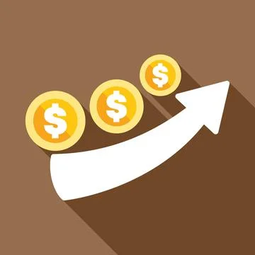 White arrow increasing over growing dollar coins on brown background Ilustración de archivo