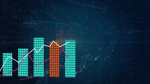 White arrow initiating chart building, blue columns rising, white magenta lines Stock Footage 315535580