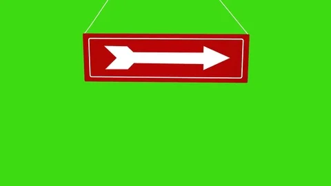 A white arrow sign at red pointing to the right. Animation of sign on ropes Stock Footage 83918095