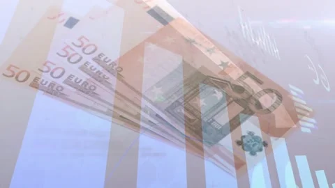 White arrow sweeping down, driving 50€ note stack sliding diagonal over bar Stock Footage 329454023