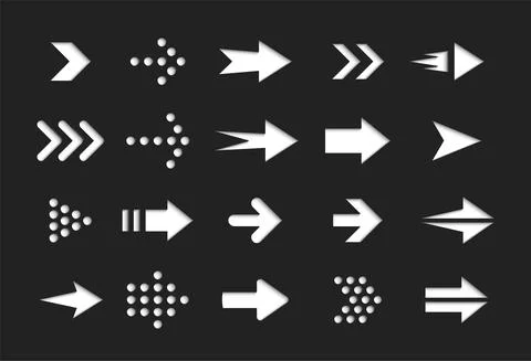 White arrows on black background, vector icons set, interface isolated symbols Stock Illustration