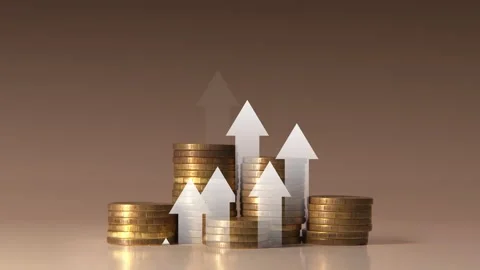 White arrows move upward against a background of growing columns of coins Stock Footage 270244046