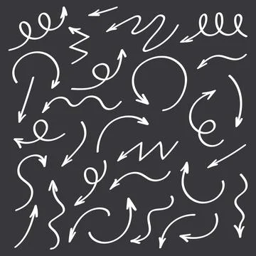 White arrows set on black background doodle curved arrows collection contrast Stock Illustration