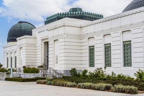 The white Art Deco facade of the Griffith Observatory in Los Angeles Stock Photos