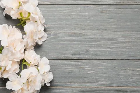 White artificial hydrangea flowers on rustic gray wooden background with copy Stock Photos