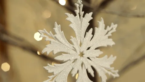 White artificial snowflake decorated with shiny powder on leafless tree Vídeos de archivo 100234481