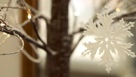 White artificial snowflake decorated with shiny powder on leafless tree Vídeos de archivo 100234524