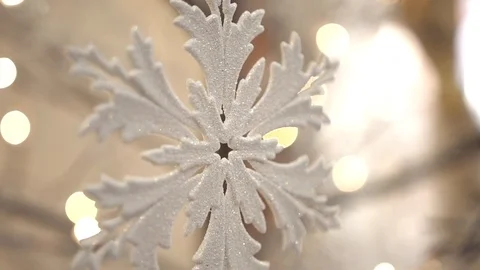 White artificial snowflake decorated with shiny powder on leafless tree Vídeos de archivo 100234565