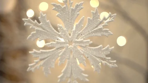 White artificial snowflake decorated with shiny powder on leafless tree Stockbeeldmateriaal 100234637