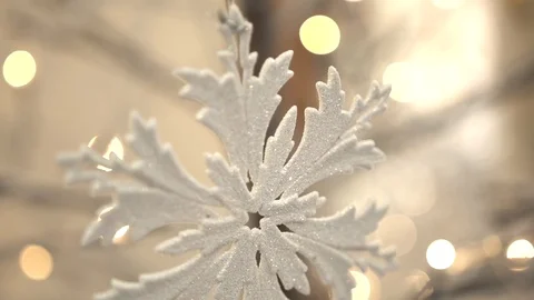 White artificial snowflake decorated with shiny powder on leafless tree 스톡 동영상 100234656
