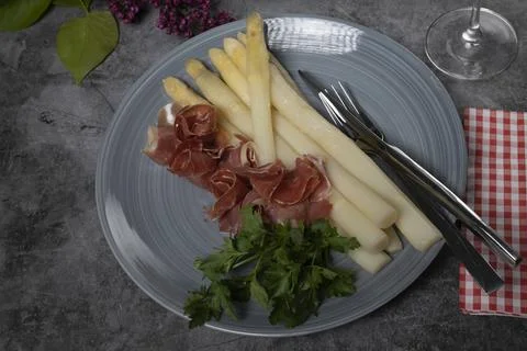 White asparagus with Serrano ham Stock Photos