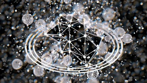 White atom grid plexus shape, blur bokeh defocused on black background, 3D Rende Stock Footage 78072276