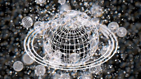 White atom grid sphere, blur bokeh defocused on black background, 3D Rendering,  Stock Footage 77433647