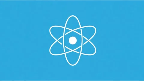 White atom icon pulsing and rotating center stage flat blue setting seamles.. Stock Footage 339791607