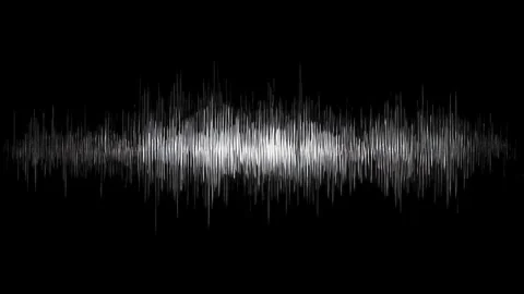 White audio waveform pulsing horizontally across black background seamless .. Stockbeeldmateriaal 339790724