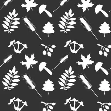 White autumn elements seamless pattern isolated on black background. Leaves, Illustrazione stock