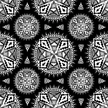 White Aztec Mandala Pattern on a Black Background Stock Illustration