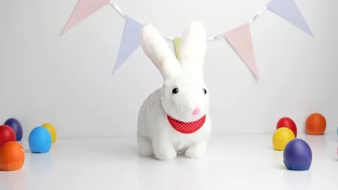 White baby rabbit toy with easter colorful eggs Stock-Footage 148862798