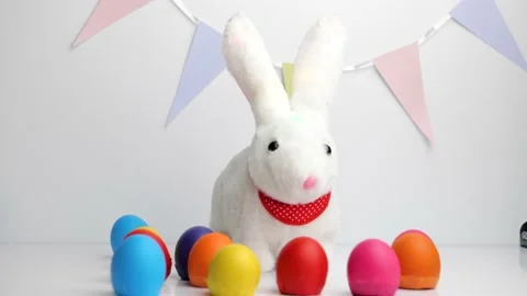White baby rabbit toy with easter colorful eggs Stock-Footage 148863211