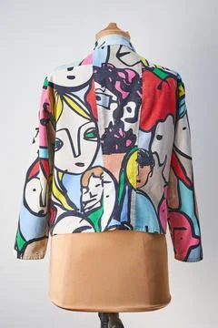 White back jacket with design. Multicolor spring dress 스톡 사진