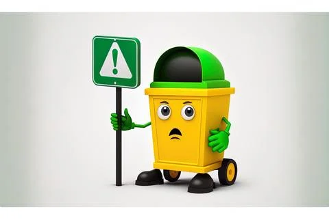 On a white backdrop, a recycle sign with a green garbage can figure mascot, a Stock Illustration